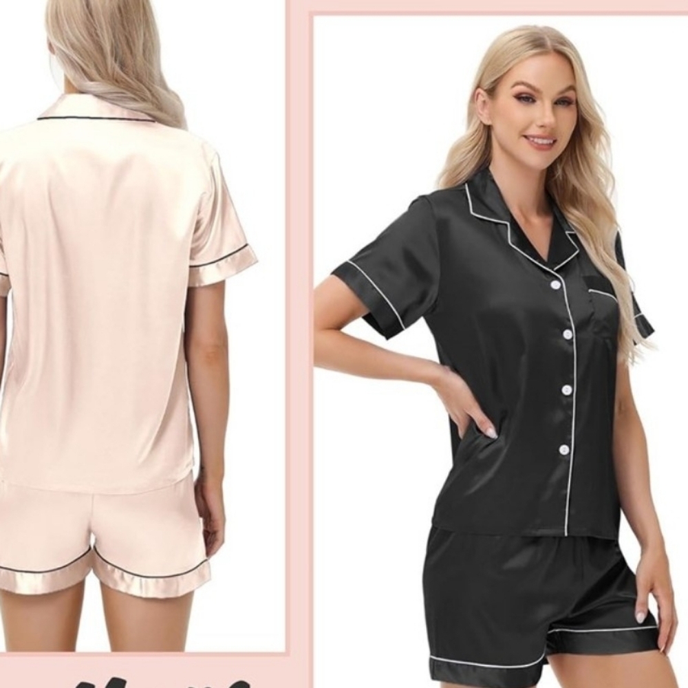 Women's Champagne Pink Short Sleeve And Shorts Satin Pajama Set, Size Small - Picture 3 of 3